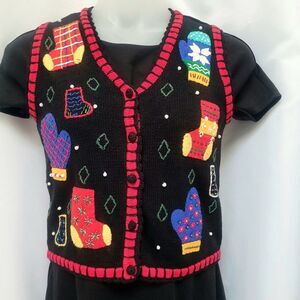 VTG Hampshire Studio Ugly Christmas Sweater Vest 5 Button Embellished Size P New